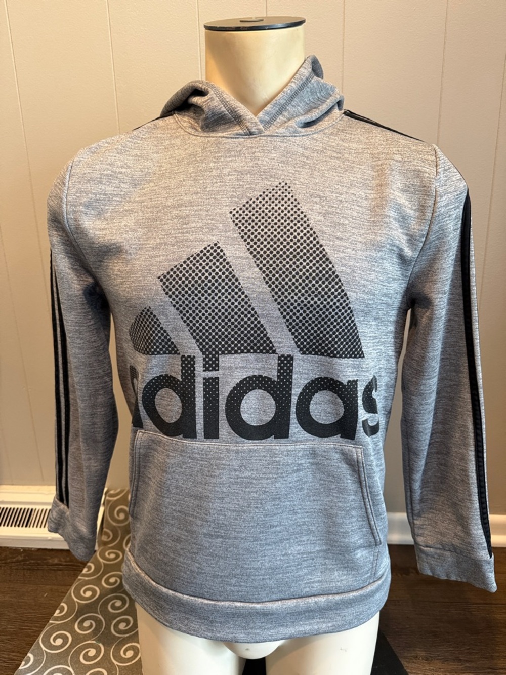 B40 adidas Kids XL/18-20 Gray Pullover Hoodie with Black Logo and Stripe Details